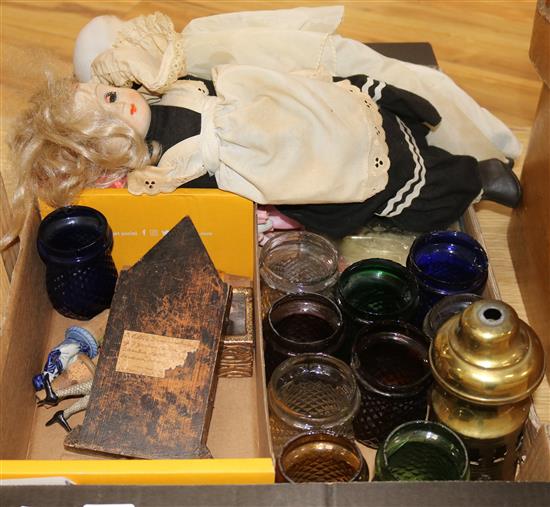 A quantity of coloured glass night lights, miniatures, novelty bottle stoppers and dolls